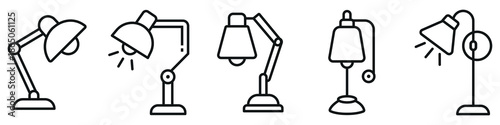 Lamp Icon Set – Outline and Minimal Lighting Symbols for Home, Interior, and Creative Design