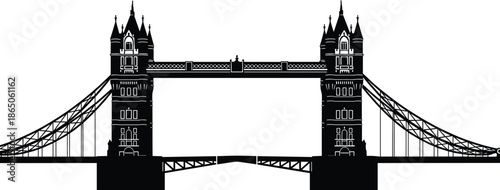Tower Bridge London silhouette vector illustration, iconic British landmark city skyline graphic isolated on white background, United Kingdom travel tourism symbol design.