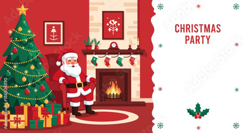 Festive Christmas Scene with Santa Claus and Decorated Tree.