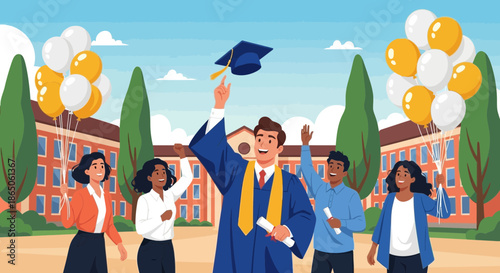 Graduation Celebration Students Tossing Cap in Front of University Building.