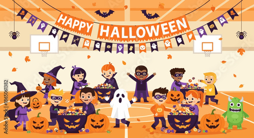 Halloween Celebration with Children in Costumes at a School Gym.