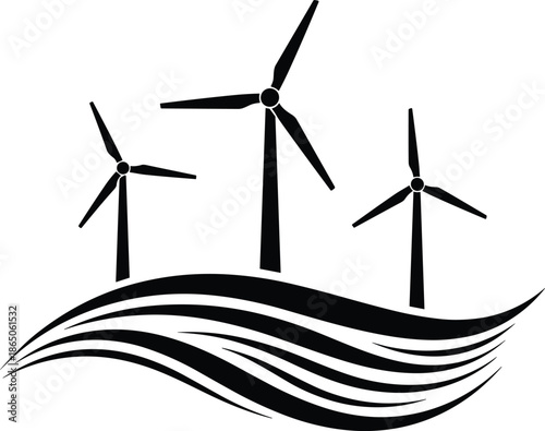 Wind turbines on rolling hills vector illustration, renewable energy farm silhouette for green power, sustainable environment concept, clean alternative electricity technology icon,