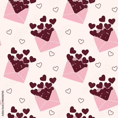 Vector seamless pattern with pink envelopes and burgundy hearts. Minimalist design symbolizing romantic correspondence, secret confessions, and Valentine’s Day mail
