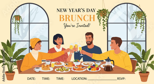 New Years Day Brunch Invitation with People Toasting.