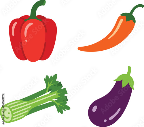 Vegetable Icon Set with Bell Pepper Chili Celery and Eggplant Flat Vector Illustration for Healthy Food and Cooking Design