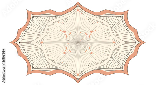 Intricate abstract geometric pattern featuring radiating lines and stylized shapes within a decorative border frame.