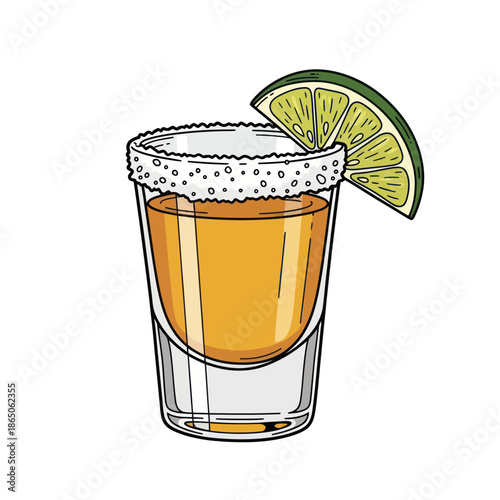 Tequila Shot with Salted Rim and Lime Wedge Illustration.