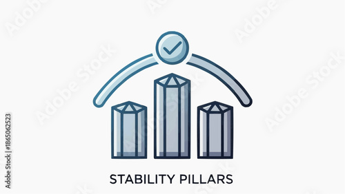 Conceptual illustration of three robust pillars supporting an arch with a checkmark, symbolizing strength, foundation, progress, and assured achievement in business or finance