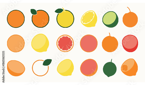 Decorative citrus fruit vector icon set with oranges lemons limes and grapefruits isolated on white