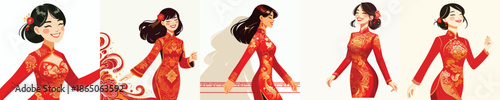 vector half body of woman walking on Chinese New Year