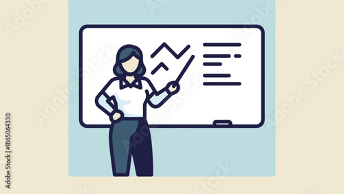 Female teacher or presenter giving a lesson or presentation with a pointer and whiteboard, illustrating education and business concepts.