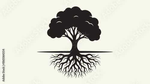 Stylized black silhouette of a tree with visible roots, symbolizing growth, nature, and stability.