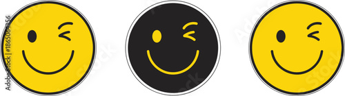Winking Smiley Face Icon Set in Yellow and Black Flat Cartoon Vector Illustration for Emoji, Stickers, and Fun Design