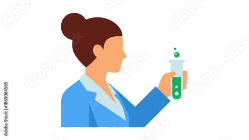 Female scientist or chemist holding a test tube with green liquid, representing research and experimentation in a laboratory setting.