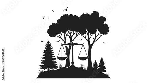 Environmental justice concept with scales of justice balancing nature and law, symbolizing eco-friendly decisions and sustainability.