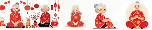 vector of a grandmother sitting happily on Chinese New Year