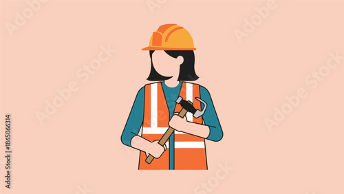 Illustration of a female construction worker wearing a hard hat and safety vest, holding a hammer and wrench.