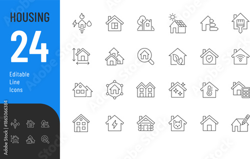 Housing Line Editable Icons set. Vector illustration in modern thin style of real estate related icons: types of houses, qualities and features of housing, amenities, and more. Isolated on transparen
