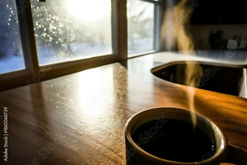 A woman gazes through an old wooden window from a black kitchen interior where soft light fills the room of a business home