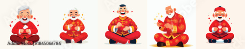 vector of a grandfather sitting happily opening Chinese New Year red envelopes
