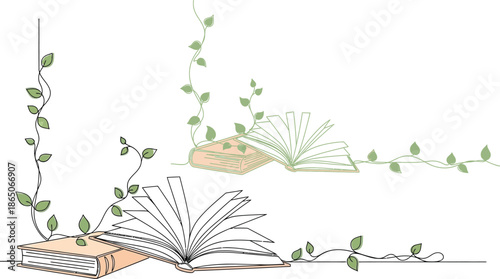 Decorative corner design featuring open books and climbing vines, perfect for educational or literary themes