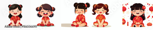 vector of a little girl sitting happily on Chinese New Year