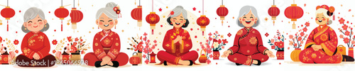 vector of a grandmother sitting happily on Chinese New Year