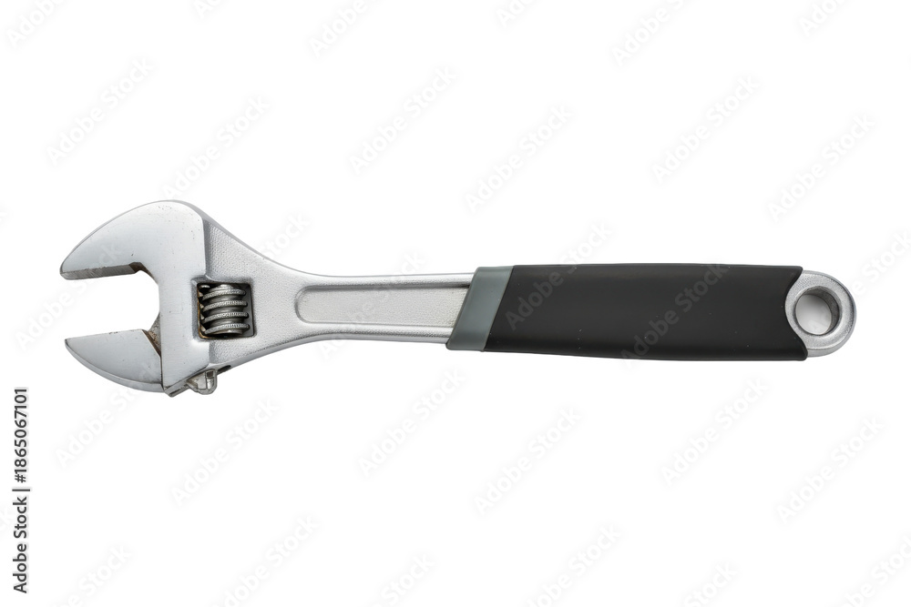 Obraz premium Close-up of a polished adjustable wrench with a black grip handle positioned horizontally