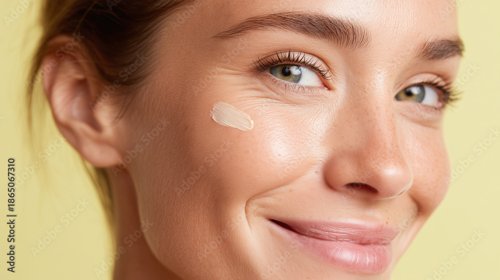 Fototapeta premium Natural skin care close up gentle natural oils on cheek pastel powder soft smile with healthy glowing skin and light freckles