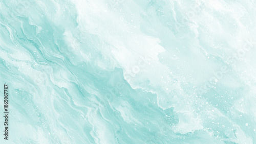 Abstract light blue and white marble texture background with swirling patterns and white specks