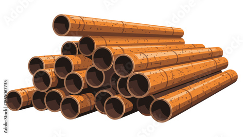 Stack of copper pipes, representing plumbing materials, industrial supply, and construction components for various infrastructure projects.