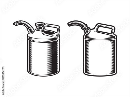 Two vintage metal gasoline cans side by side black and white fuel can jerry can retro