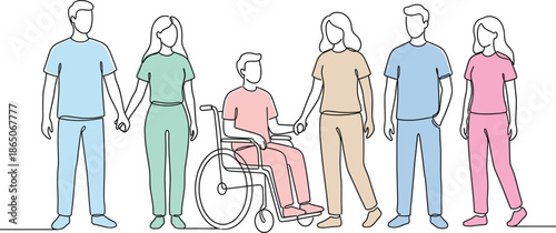 Continuous Line Art Illustration of a Diverse Group of Friends and a Person in a Wheelchair Holding Hands for Inclusivity.