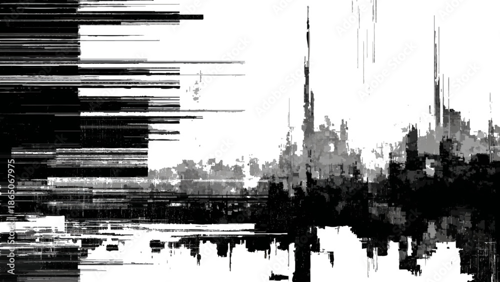 Fototapeta premium Glitch art distorted cityscape with horizontal lines and reflection