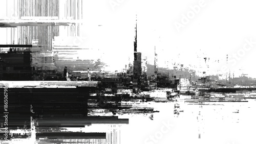 Glitchy cityscape with distorted skyscrapers and abstract background