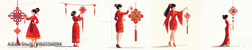 vector of a woman standing while hanging Chinese New Year knot decorations