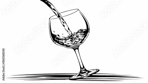 Illustration of a wine glass being filled with liquid in a sketchy style against a white background.