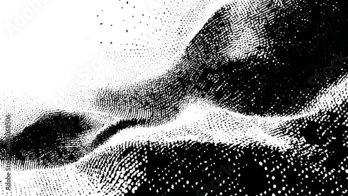 stylized illustration of abstract black and white landscape with halftone effect