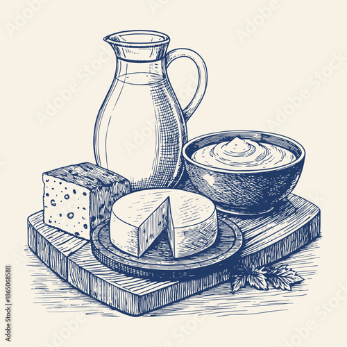 Vintage engraving style illustration of a rustic dairy still life with milk jug, cheese, sour cream bowl, and cutting board.