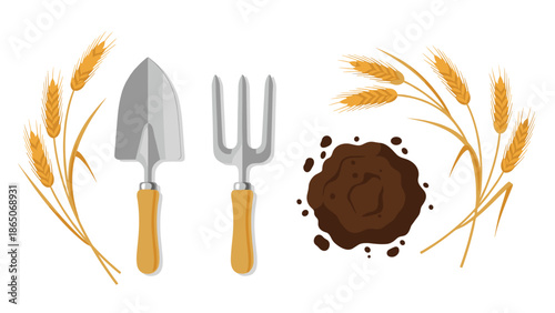 Essential gardening tools, a hand trowel and a fork, displayed alongside bundles of golden wheat stalks and a rich pile of soil, symbolizing farming and harvest.