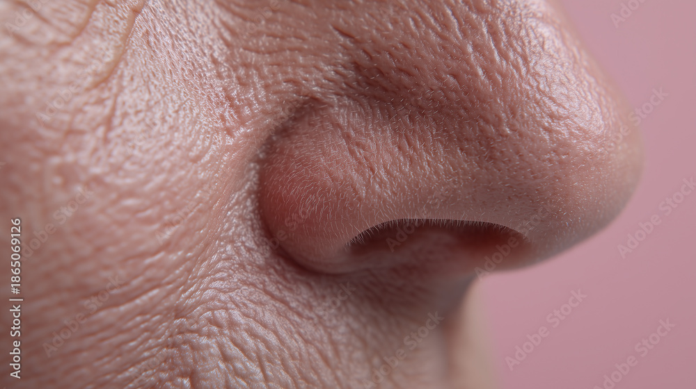 Obraz premium Extreme macro close up of flaky skin texture on side of nose showing detailed pores and fine hair with natural skin tone and soft lighting