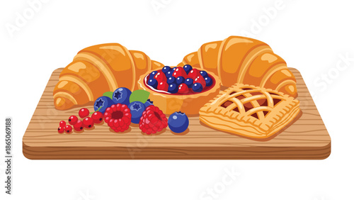 Delicious assortment of freshly baked pastries, including golden croissants, a vibrant berry tart, and a classic lattice-top pie, presented on a rustic wooden serving board.