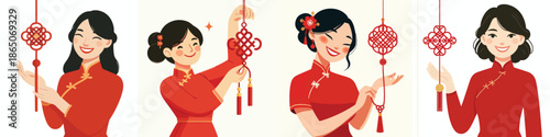 vector half body of a woman standing while hanging Chinese New Year knot decorations