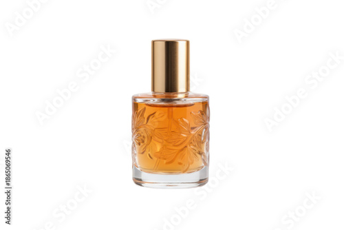 Elegant perfume bottle with floral design, golden cap and amber liquid ready for usage