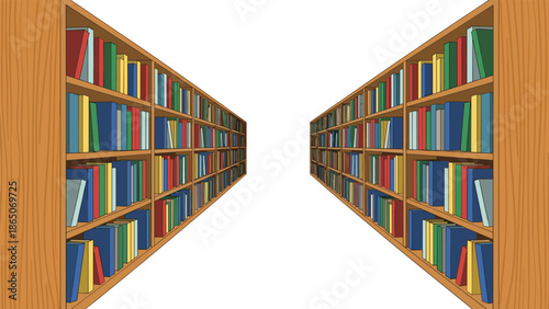 Immersive perspective view of a long library aisle featuring two parallel rows of tall wooden bookshelves, densely packed with colorful books, symbolizing knowledge and education.