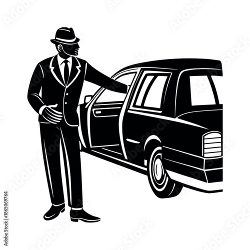 Chauffeur opening car door for passenger in formal attire