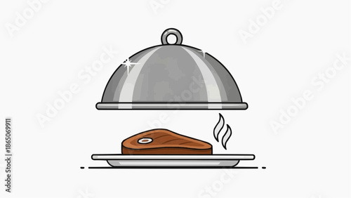 Deliciously Prepared Steak Served Under a Gleaming Silver Cloche on a White Plate, Ready to Be Enjoyed