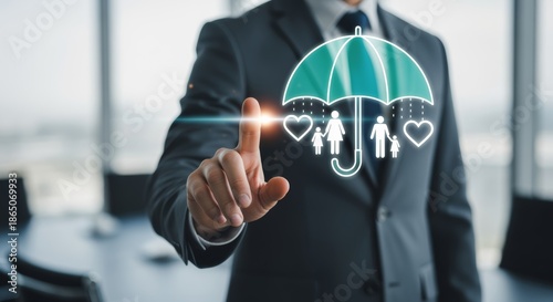 Businessman protecting holographic family under umbrella, visualizing life insurance coverage, social security, financial safety, and future risk management plan.