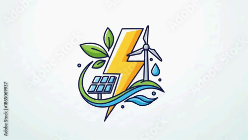 Sustainable Energy Concept with Solar Panel, Wind Turbine, Leaf, and Water Wave Graphic Illustration for Eco-Friendly Technology