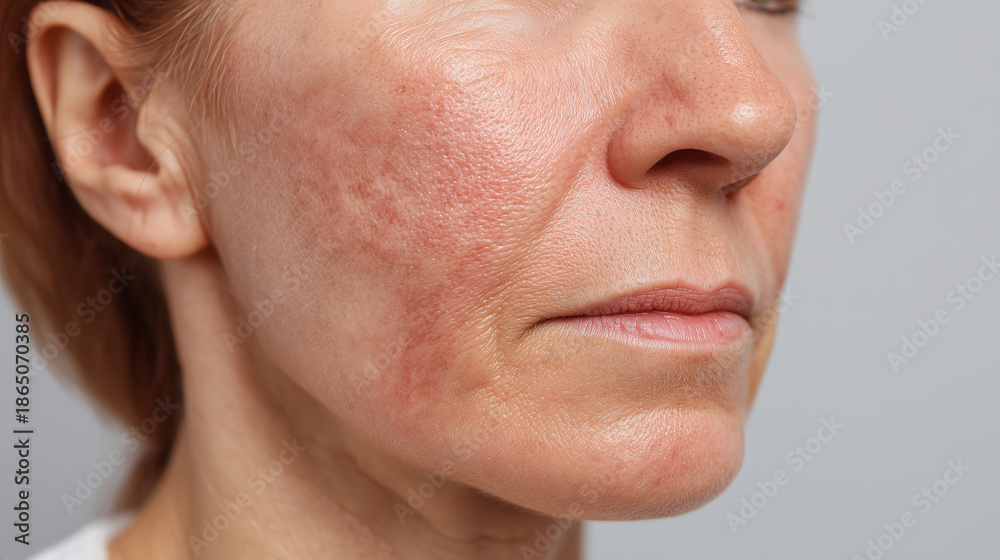 Obraz premium Close up of middle aged woman with redness and acne scars on cheek showing skin texture and natural complexion